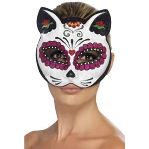 Adult Sugar Skull Eye Mask Cat Day of The Dead Skeleton Halloween Fancy Dress - Picture 1 of 1