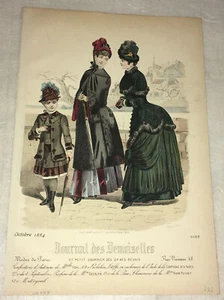 Hermoso estampado de moda coloreado a mano para damas Journal des Demoiselles París 1884 - Imagen 1 de 2