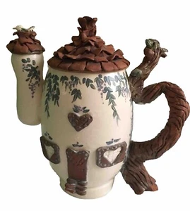 Pottery Clay Decorative Leaves and Bird Teapot Handmade Signed  Read Description - Picture 1 of 9