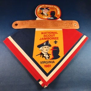 1981 BSA Jamboree Neckerchief & Leather 81 Jambo Bracelet & Official Sticker - Picture 1 of 8