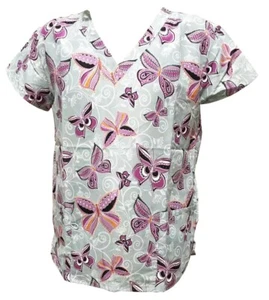 Serene Women's Medical Scrub Tops Gray Base Embroidery Pink Yellow Butterfly XL - Picture 1 of 3