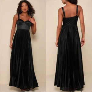 Maxi Vestido Lulus XL Mujer Lujoso Estilo Negro Satinado Plisado Bustier Elástico - Imagen 1 de 17