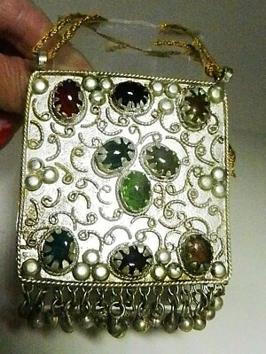 Vintage Silver-Mughal Amulet Pendant- Prong-Set Glass Cabochons -w/Dangles India - Image 1 of 4