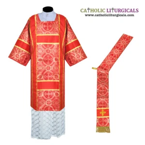 Metallic Red American Dalmatic Vestment with Deacon's stole, chasuble, NEW - Picture 1 of 1