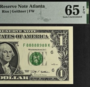 2009 $1 FRN Atlanta PMG 65EPQ Gemma FK Blocco quasi solido numero di serie 88888988 - Foto 1 di 3