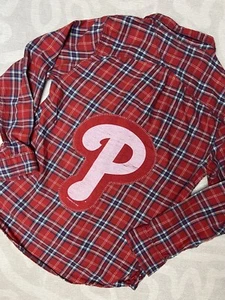 Phillies Upcycled Red, White, & Blue Plaid Flannel Shirt, Kids L - Picture 1 of 3