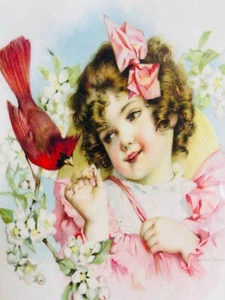 4 American Quilt Blocks 4" x 6" 1905 Repro Pictorial Girl & Bird Cotton Sateen - Picture 1 of 10