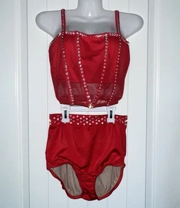 Kelle Dance Costume 2 Piece Adult Medium Red Rhinestones Top High Waist Briefs - Picture 1 of 23