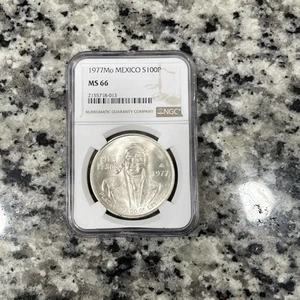 MS 66-1977 MEXICO Silver 100 PESOS S100P NGC LUSTER GEM-Great Color - Picture 1 of 3