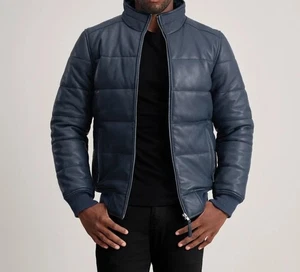 Men’s Blue Lambskin Leather Puffer Jacket | Handmade Quilted Winter Warm Coat - Picture 1 of 6