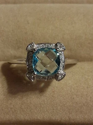 Topacio azul cielo 7 mm y circonitas circonitas simuladas, placa de plata de ley 925 de 14 KWG, tamaño 7,5 Foto 1 de 4