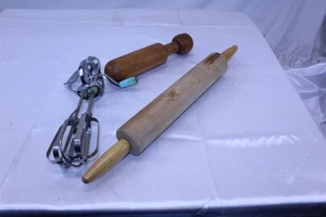 Vintage Lot of 3 Kitchen Items Hand Mixer, Wood Rolling Pin, Wood Hand Masher - Picture 1 of 12