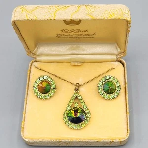 NIB Vintage Watermelon Rivioli Rhinestone Gold Tone GF Pendant Necklace Earrings - Picture 1 of 15