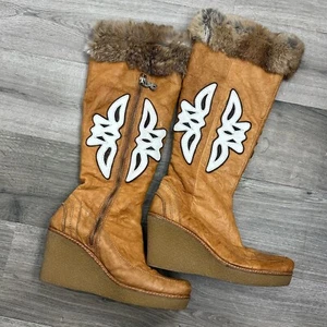 Modern Vintage Camel Leather Tall Wedge Platform Boots Fur Lined Trim Shoe 8 - Picture 1 of 7
