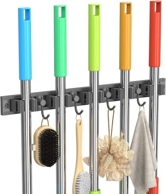 Wall-Mounted Broom & Mop Holder - Storage Rack w/  5 Racks 4 Hooks - Space Saver - Image 1 of 4