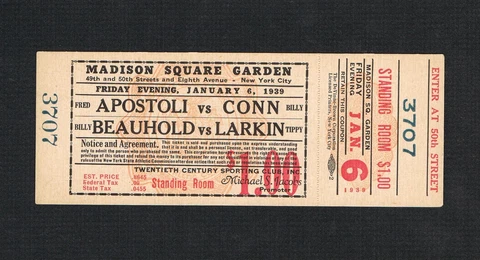 RARE 1939 boxing ticket FRED APOSTOLI vs BILLY CONN Beauhold vs Larkin Spangler Cover