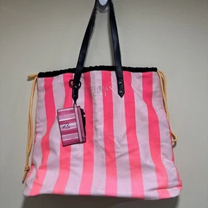 Victoria's Secret Large Neon Pink Stripes Canvas Tote Bag W/ Card Holder beach - Picture 1 of 9