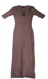 Vestido suéter acanalado manga corta cuello capucha ciruela M Say What para mujer botones dorados - Imagen 1 de 11