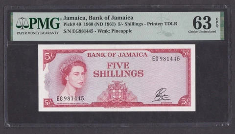 [PMG-63 EPQ] Latin Motto L.1960 1961 Jamaica 5 Shillings P-49 EG981445 Cover
