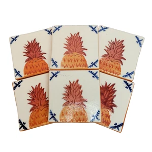 Set Of 6 Anthropologie Pineapple Orange Drink Coasters Stoneware D6 - Picture 1 of 9