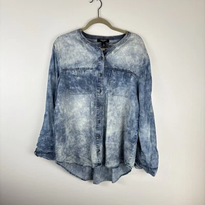 Nine West Womens Large Button Blouse Top Chambray Roll Tab Long Sleeve Blue - Image 1 of 4