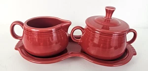 VTG Fiestaware Ceramic Sugar & Creamer With Tray Fiesta USA Pottery Scarlet Red - Picture 1 of 14