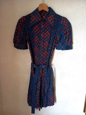 Handmade Vtg Short Dagger Collar Shirt Dress UK 10 Blue & Orange - Image 1 of 4