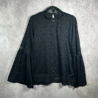 Blusa de cable y calibre para mujer XL negra con mangas de campana de encaje sin forro cuello falso bruja Foto 1 de 4