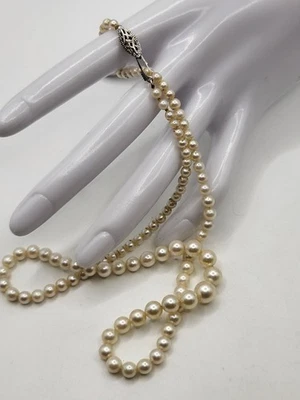 14kt White Gold Ornate Clasp Graduated Authentic Cultured Pearl Necklace - Image 1 of 4
