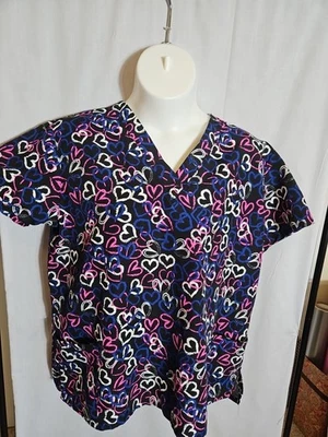 Cassandra O Scrub Top 2X Black With White Pink & Blue Hearts Short Sleeve Pocket - Image 1 of 4