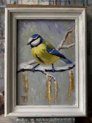 Original small  Oil Painting Winter Bird  7x5 inch UNFRAMED - Image 1 of 4