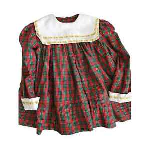 VTG 80s red plaid girls toddler dress embroidered collar cuff handmade 12-18 mos