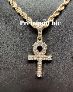 ICED ANKH Cross Pendant and Rope Chain Necklace Mens Hip Hop Plated CZ Jewelry - Picture 1 of 7