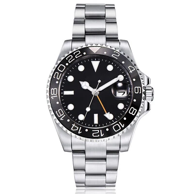 Reloj automático GMT para hombre PARNIS cristal de zafiro 40 mm bisel de cerámica mano naranja Foto 1 de 4