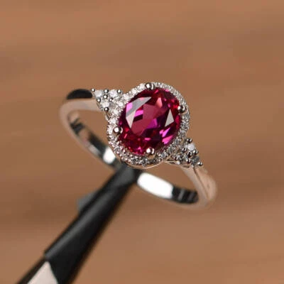 Elegant Oval Red Ruby Halo Wedding Ring Gorgeous 925 Silver Engagement Jewelry - Image 1 of 4