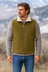 Men's Green Sheepskin Leather & Real Shearling Fur Gilet Vest Jacket XXS - 6XL - Picture 1 of 4