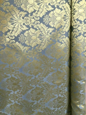 BLUE GOLD Damask Jacquard Brocade Flower Floral Fabric (110 in.) Sold BTY