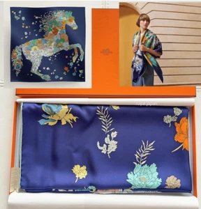 Unused w/box HERMES Carre 140 Robe Legere 100% Silk Scarf 140cm MARINE - Picture 1 of 11