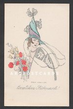 1910 Lady Hat Flowers Art Deco Fashion Mela Koehler Austrian vintage postcard 
