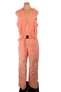 Vintage 80s SKiiique Snow Pants Sleeveless Ski Suit Coral Salmon BIB Overall L - Picture 1 of 9