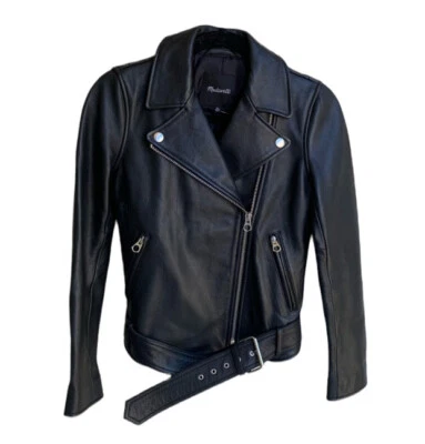 NEW Madewell Ultimate Leather Jacket XS Black Motorcycle Heavy Belt K1086 Silver - Image 1 of 4