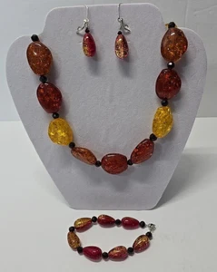 Vintage Orange,Yellow & Red Beaded Necklace, Bracelet & Pierced Earrings Set 20" - Picture 1 of 4