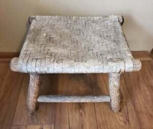 Antique Hickory Footstool Bench Weaved Wicker Top