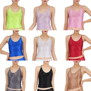 Women's Glossy Stretchy Spaghetti Straps Tank Top Camisole Daily Wear Undershirt - Picture 1 of 105