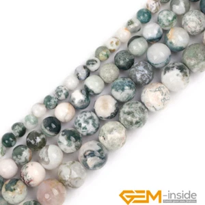 Natural Green Tree Agate Gemstones Round Big Hole Beads for Jewelry Making 15" - Picture 1 of 36