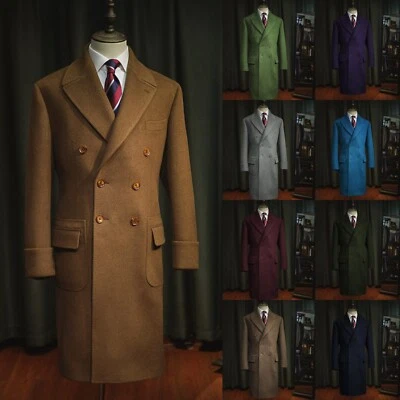 100% Cashmere Men's Overcoat Business Casual Tuxedos Double Breasted Long Jacket - Image 1 of 4