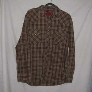 Mens Rustler Pearl Snap Plaid Shirt Brown Beige Blue Cotton Blend Size Large - Picture 1 of 10