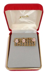 1928 Jewelry Company Pink Roses Picket Fence Gold Tone Brooch Pin RARE - Picture 1 of 9