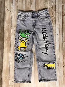 H&M Rare Keith Haring Stone Washed Jeans Pants Size 5T Dog Skateboard Figures - Picture 1 of 7
