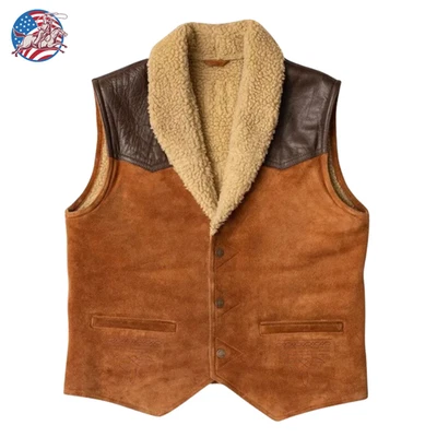 Men's Genuine Lamb Leather Suede Shearling Fur Vest Western Cowboy Brown Vintage - Image 1 of 4